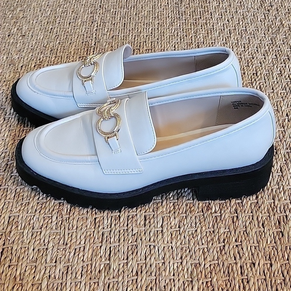 CROWN & IVY white leather like loafer.  Gold accents.  Chunky heel.  Size 6.